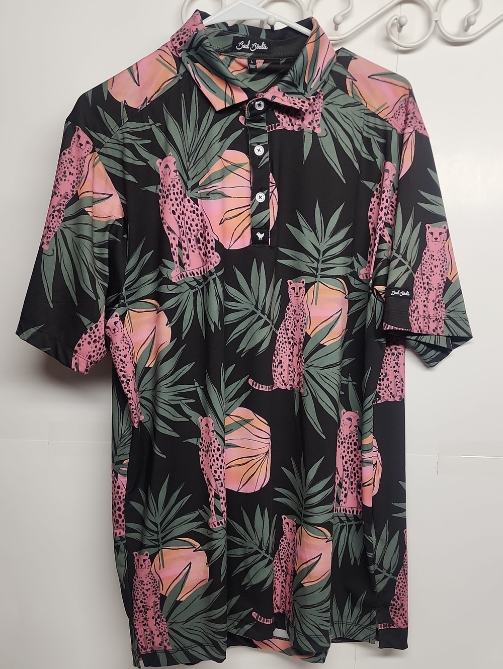 Bad Birdie Black Polo w/ Pink Cheetah & Green Leaf Print Size L FUN TRENDY PARTY